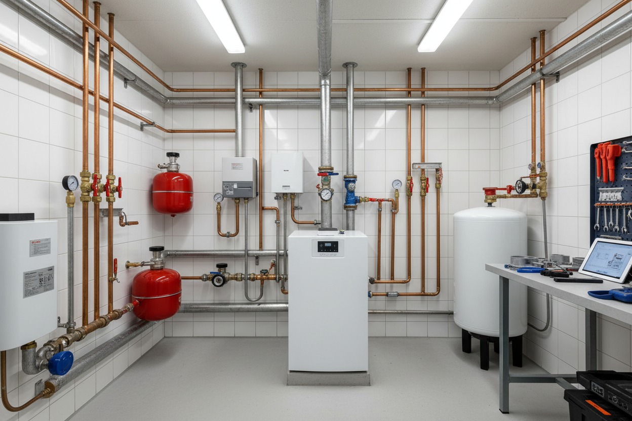 Ein technischer Raum mit weißen Fliesen an den Wänden, in dem eine komplexe Heizungsanlage mit zahlreichen Kupferrohren, zwei roten Druckbehältern und einem großen weißen Speicher installiert ist.