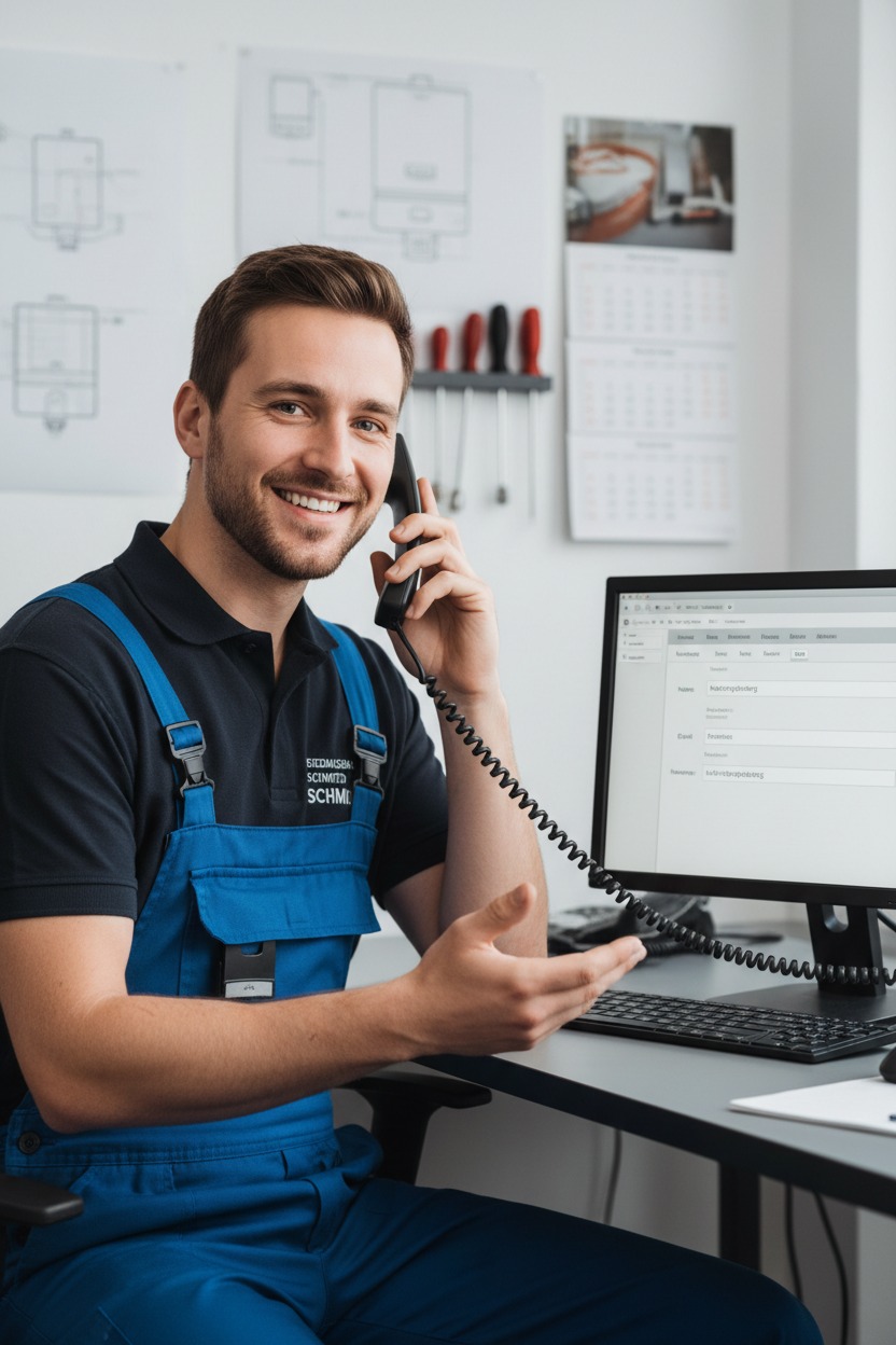 Ein Handwerker in blauer Latzhose telefoniert an seinem Schreibtisch mit einem Kunden und lächelt freundlich in die Kamera.
