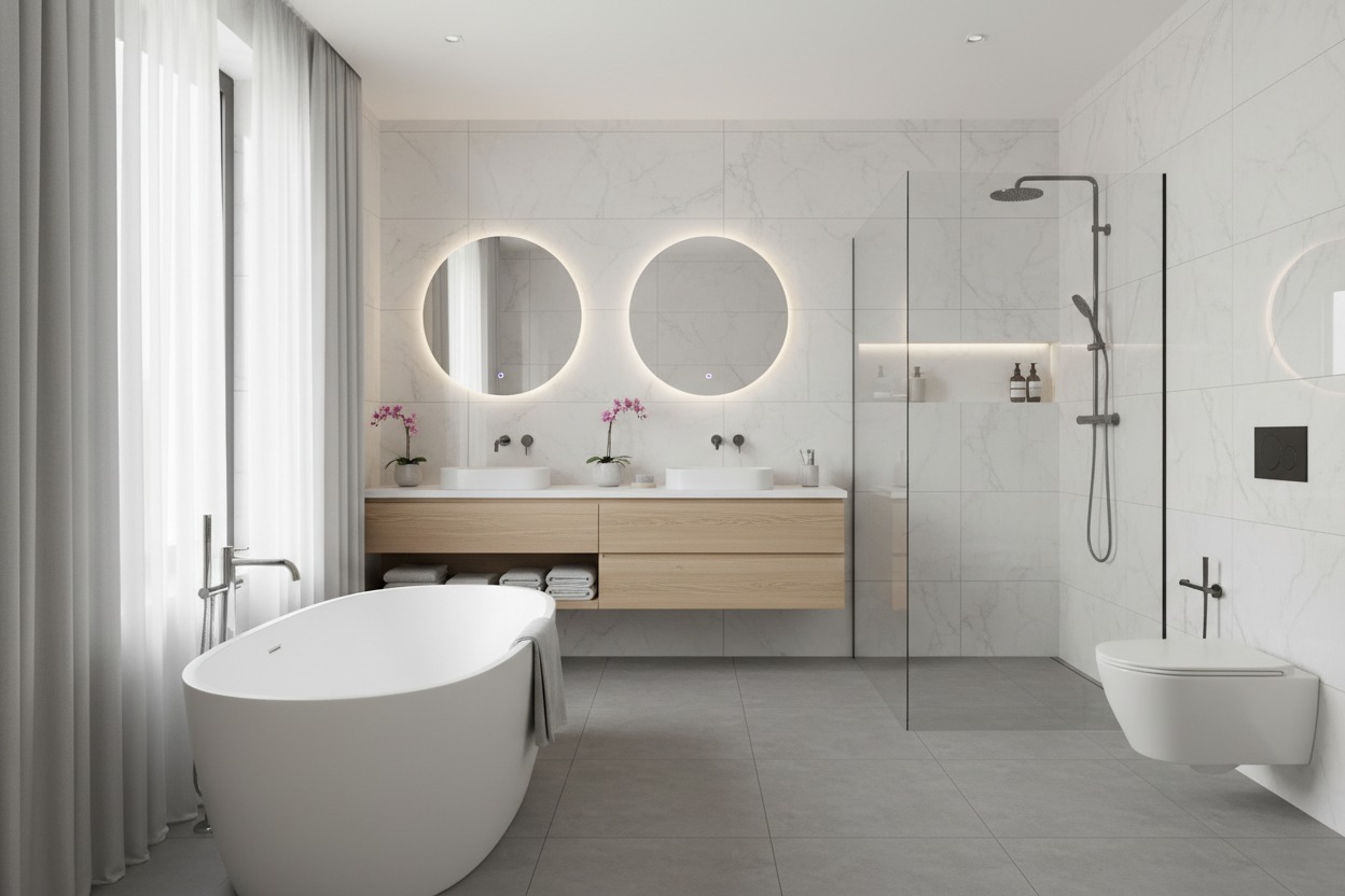 Ein modernes, helles Badezimmer mit einer freistehenden Badewanne, einem hölzernen Waschtisch mit Doppelwaschbecken und einer bodentleichen Glasdusche.
